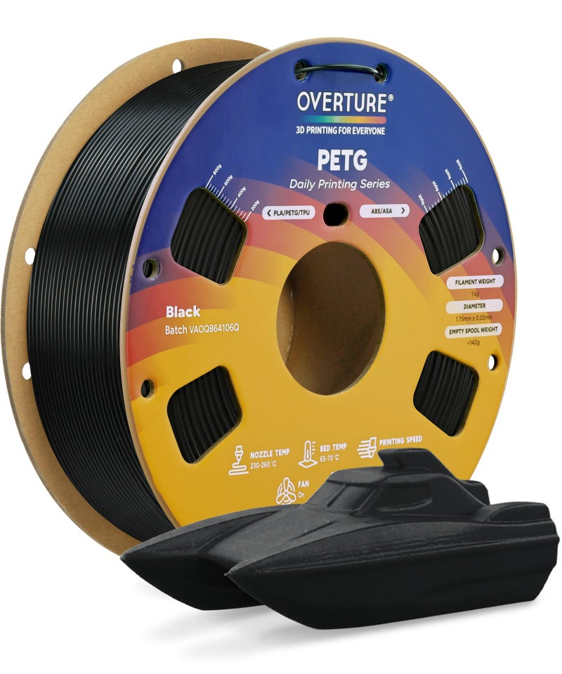 OVERTURE PETG 3D Printer Filament 1.75mm, Neatly Wound Durable PETG 1kg Spool (2.2lbs), Strong Toughness Filament, Dimensional Accuracy +/- 0.02mm, Fit Most FDM Printers (Black (1-Pack)) - Image 1